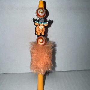 Handmade Beaded Pen-Cute calf with orange spiral resin beads and furry base